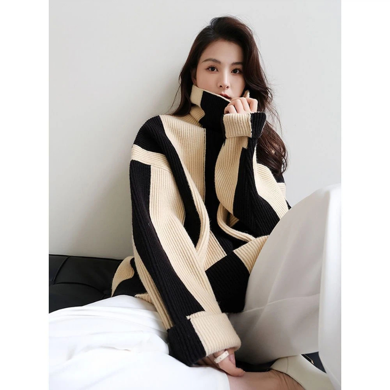 Winter Clothing Korean - Ленивый стиль, полосатые контрастные свободные пуловеры,